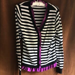 Elle Black and White Striped Cardigan with Purple Satin Trim
